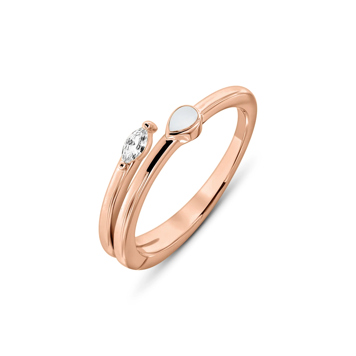 Naomi breast milk ring in rose gold with a teardrop milk stone and clear marquise, open band