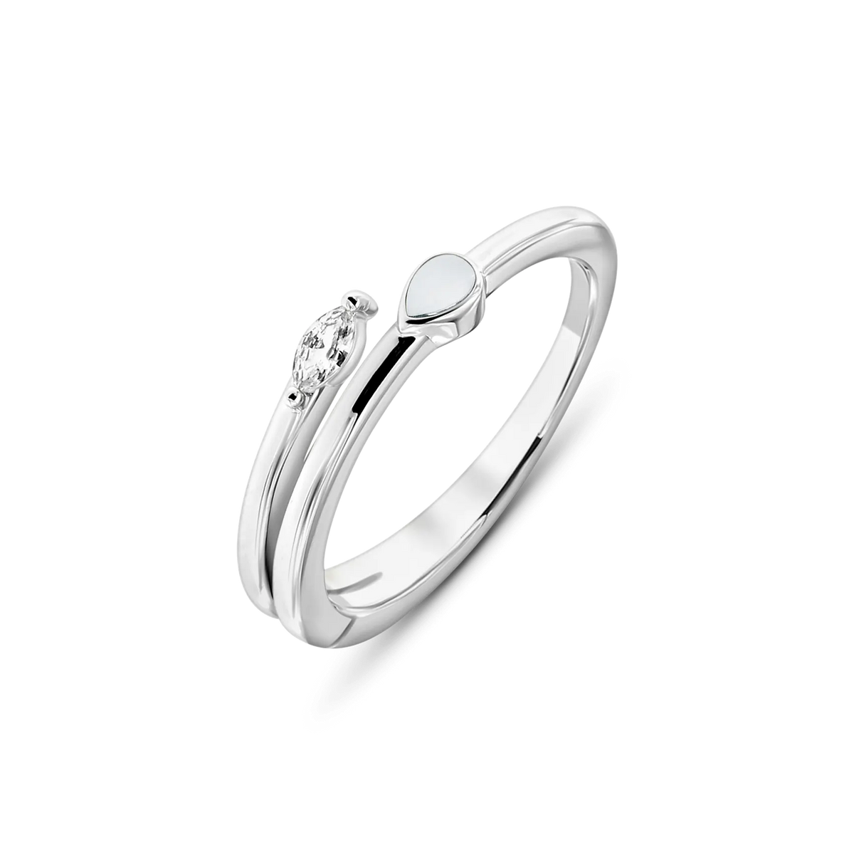 Naomi breast milk ring in white gold with a teardrop milk stone and clear marquise, open band