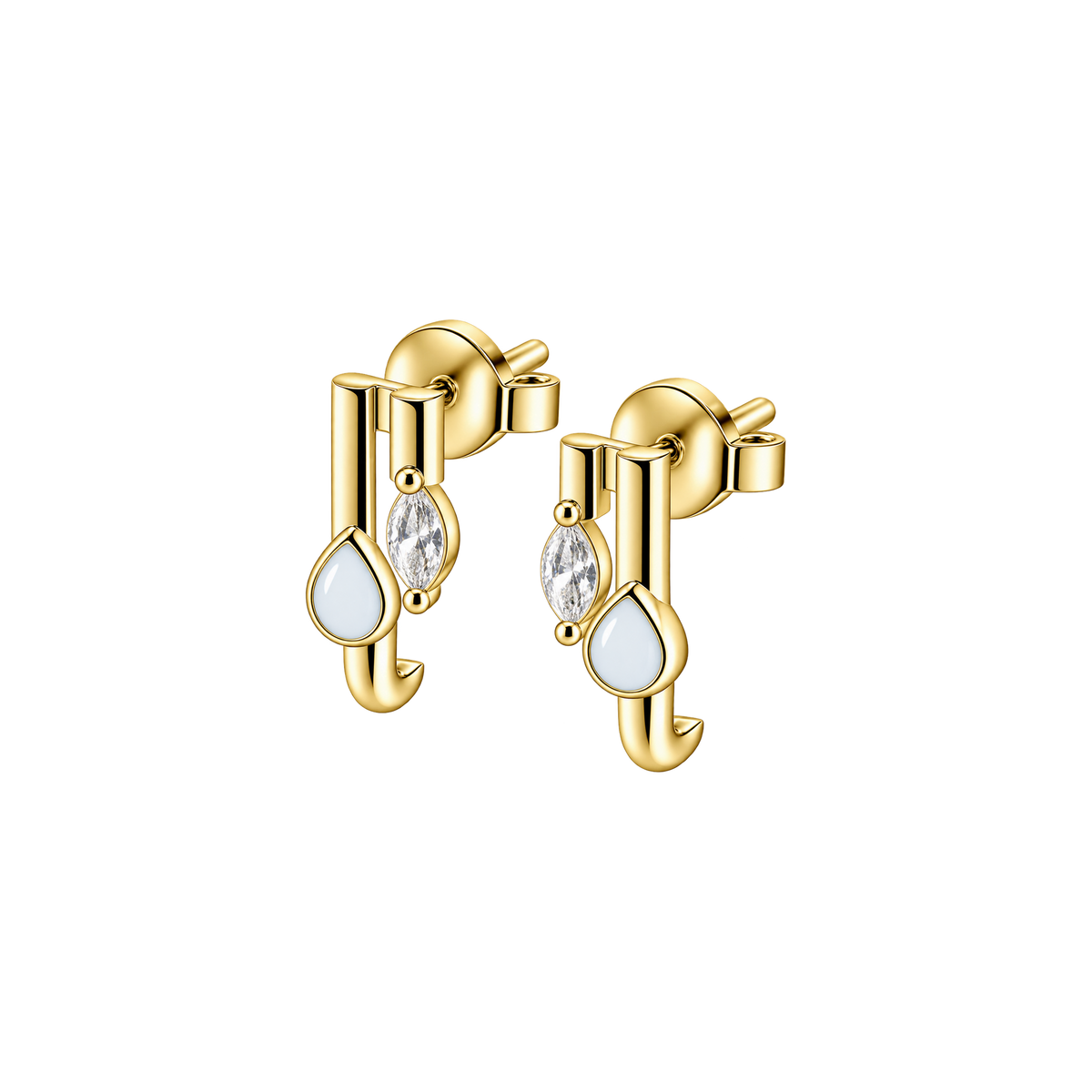 Naomi yellow gold earrings with two bars, a teardrop breast milk stone and a clear marquise stone