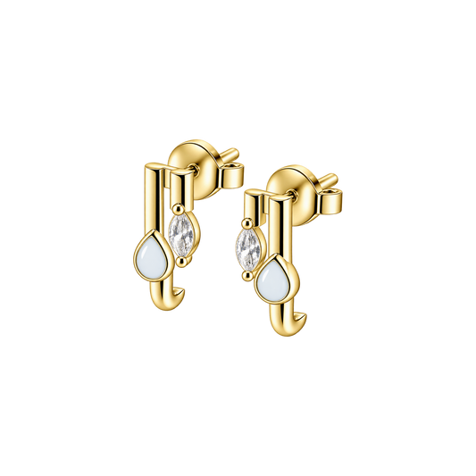 Naomi yellow gold earrings with two bars, a teardrop breast milk stone and a clear marquise stone