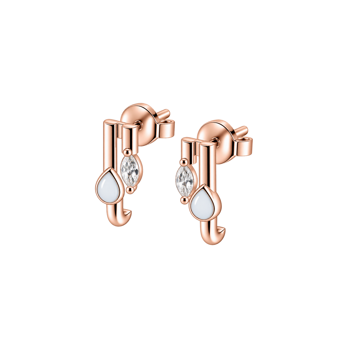 Naomi rose gold bar earrings pairing a teardrop breast milk stone with a clear marquise stone