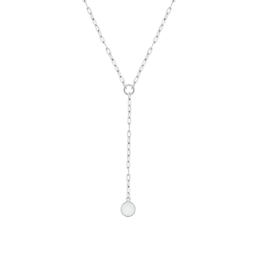 Silver Norah Y-necklace with paperclip chain and a round breast milk stone at the end of the drop