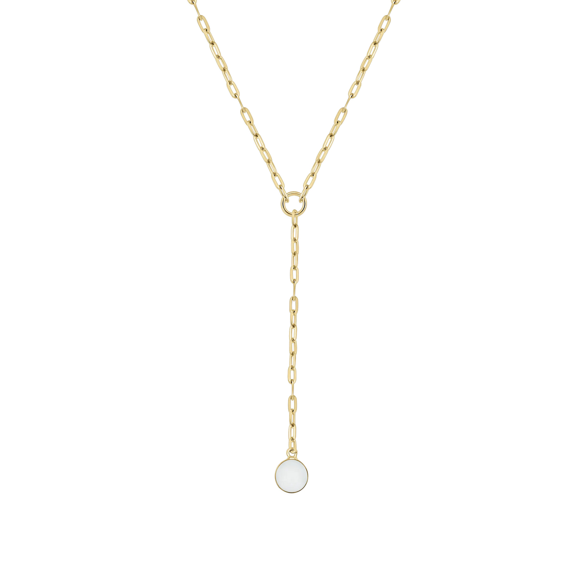 Norah Y-necklace in yellow gold with paperclip chain and a round breast milk stone at the end of the drop