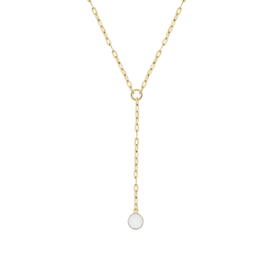 Norah Y-necklace in yellow gold with paperclip chain and a round breast milk stone at the end of the drop