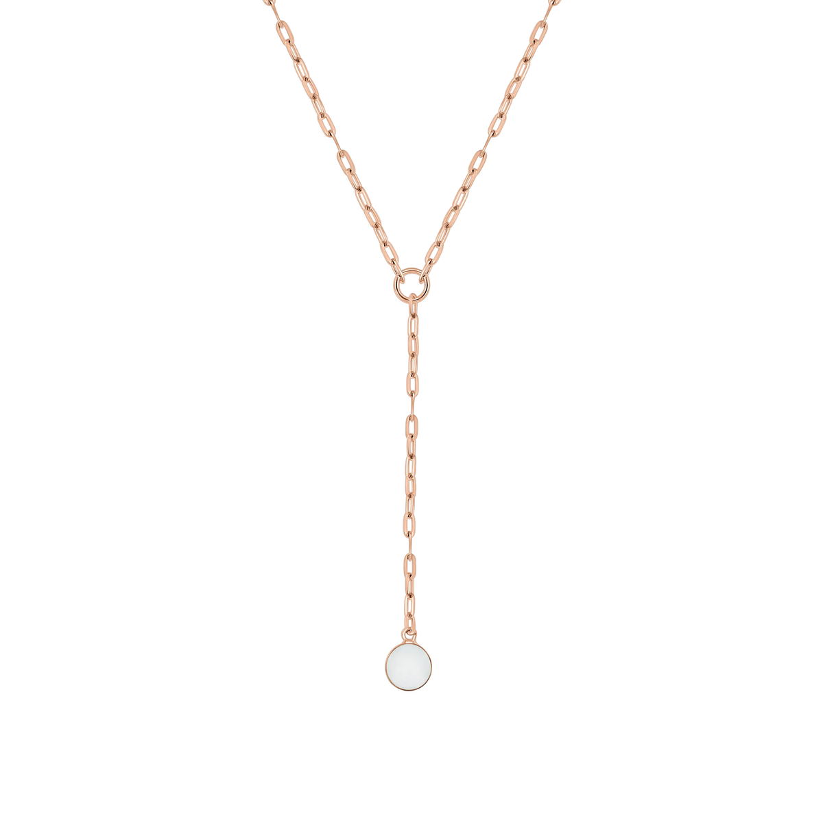 Norah Y-necklace in rose gold with paperclip chain and a round breast milk stone at the end of the drop