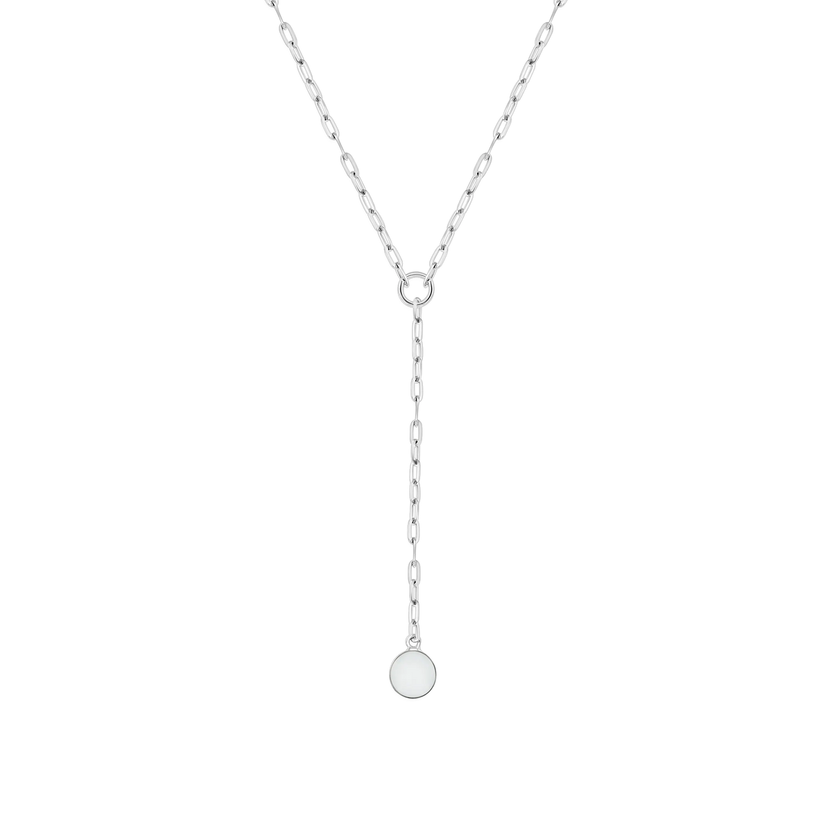 Norah Y-necklace in white gold with paperclip chain and a round breast milk stone at the end of the drop