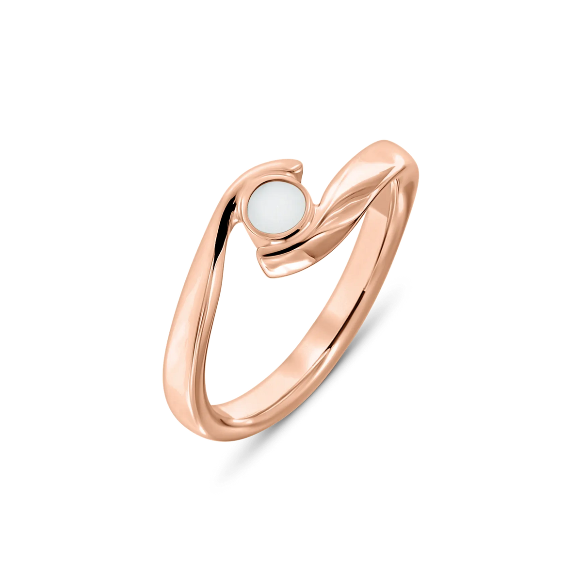 Olivia breast milk ring in rose gold with a round stone in a curved bypass band
