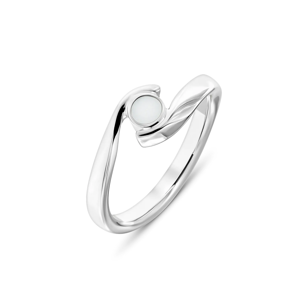 Olivia breast milk ring in white gold with a round stone in a curved bypass band