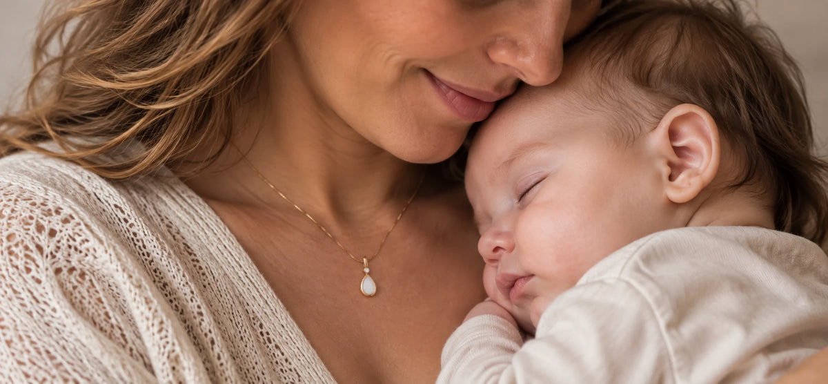 Mother wearing a breast milk pendant while holding her baby