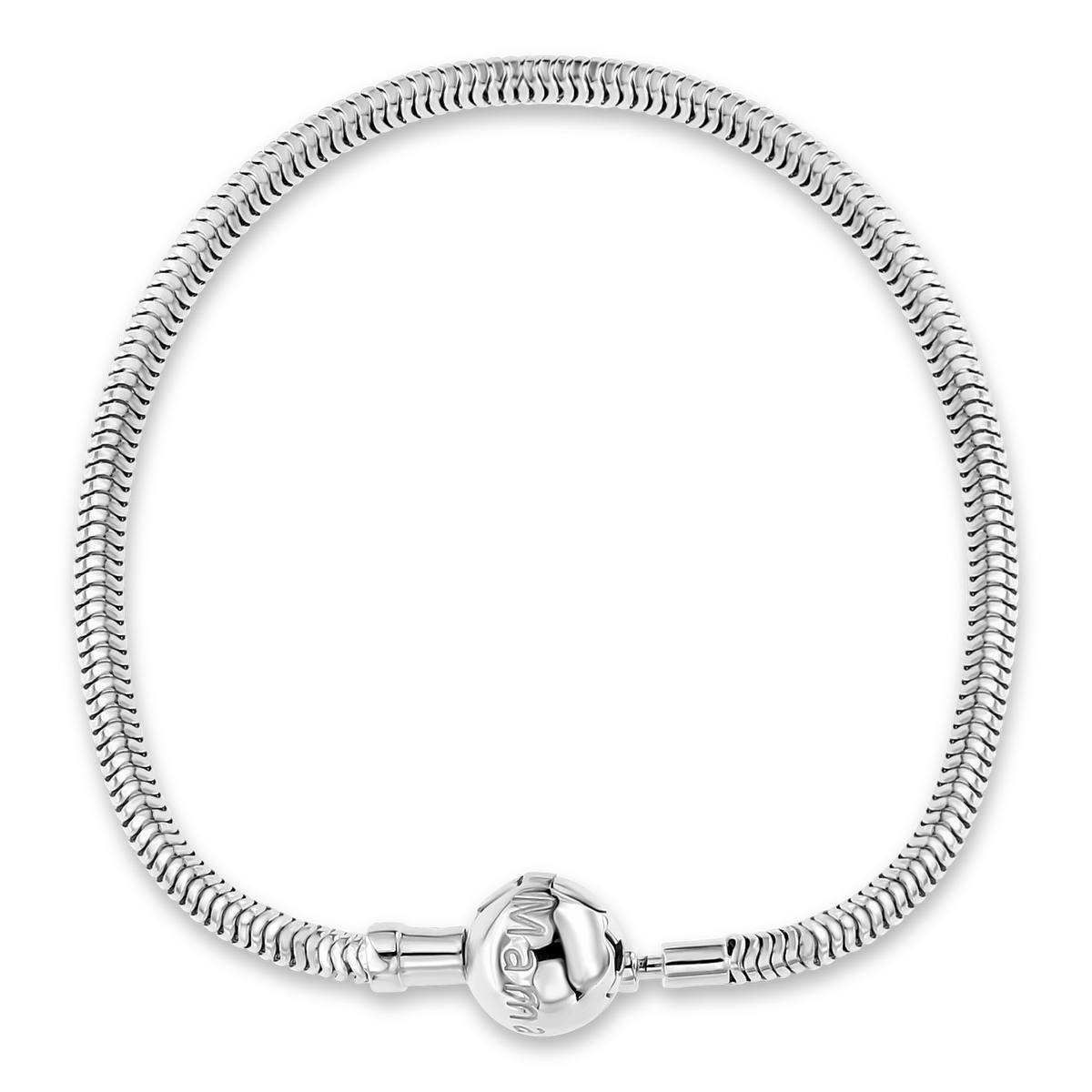 Silver charm bracelet featuring a flexible snake chain design with a round clasp engraved with the word Mama.
