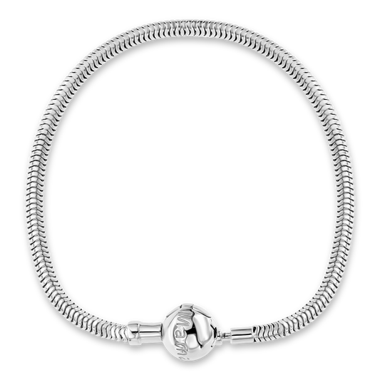 Silver charm bracelet featuring a flexible snake chain design with a round clasp engraved with the word Mama.