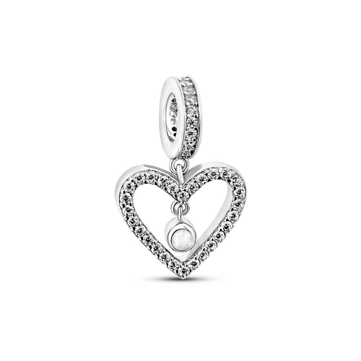 Sophie silver breast milk charm, open heart set with cubic zirconia and a hanging round milk stone