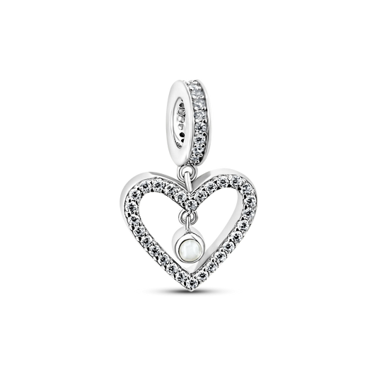 Sophie silver breast milk charm, open heart set with cubic zirconia and a hanging round milk stone