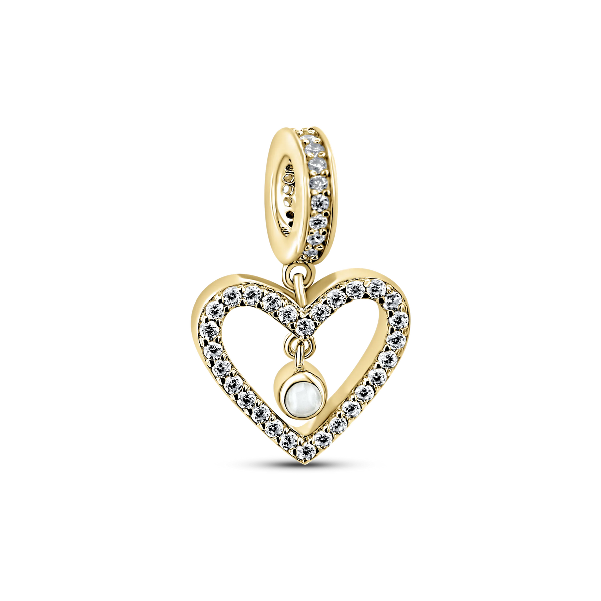 Sophie yellow gold breast milk charm, open heart set with clear stones and a hanging round milk stone