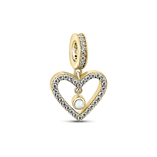 Sophie yellow gold breast milk charm, open heart set with clear stones and a hanging round milk stone