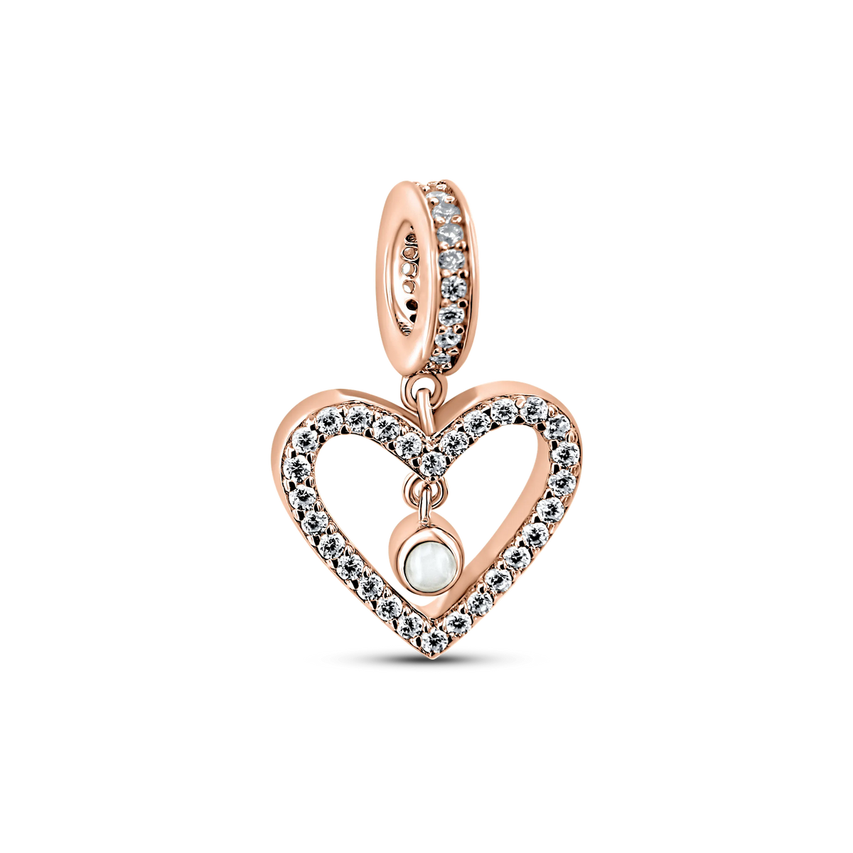 Sophie rose gold breast milk charm, open heart set with clear stones and a hanging round milk stone