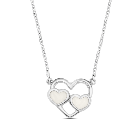 Silver Trinity necklace: an open heart outline with two small heart-shaped breast milk stones