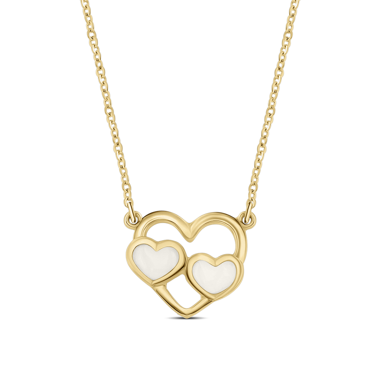 Trinity necklace in yellow gold: an open heart outline with two small breast milk stone hearts