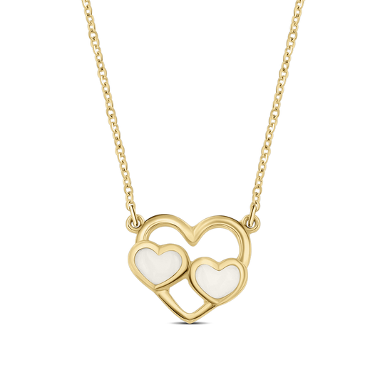 Trinity necklace in yellow gold: an open heart outline with two small breast milk stone hearts
