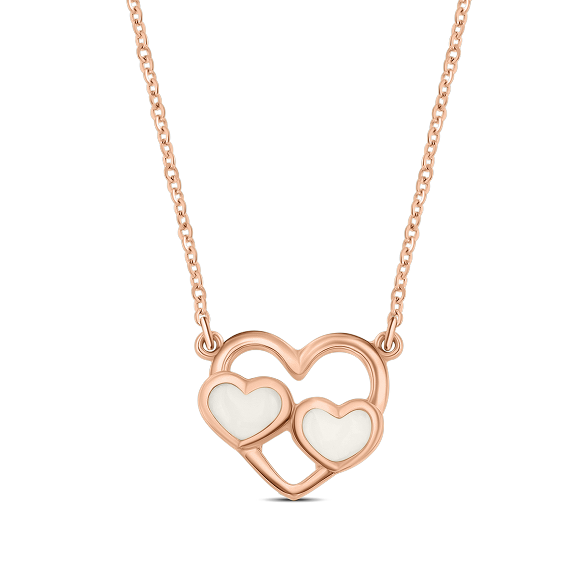Trinity necklace in rose gold: an open heart outline with two small breast milk stone hearts