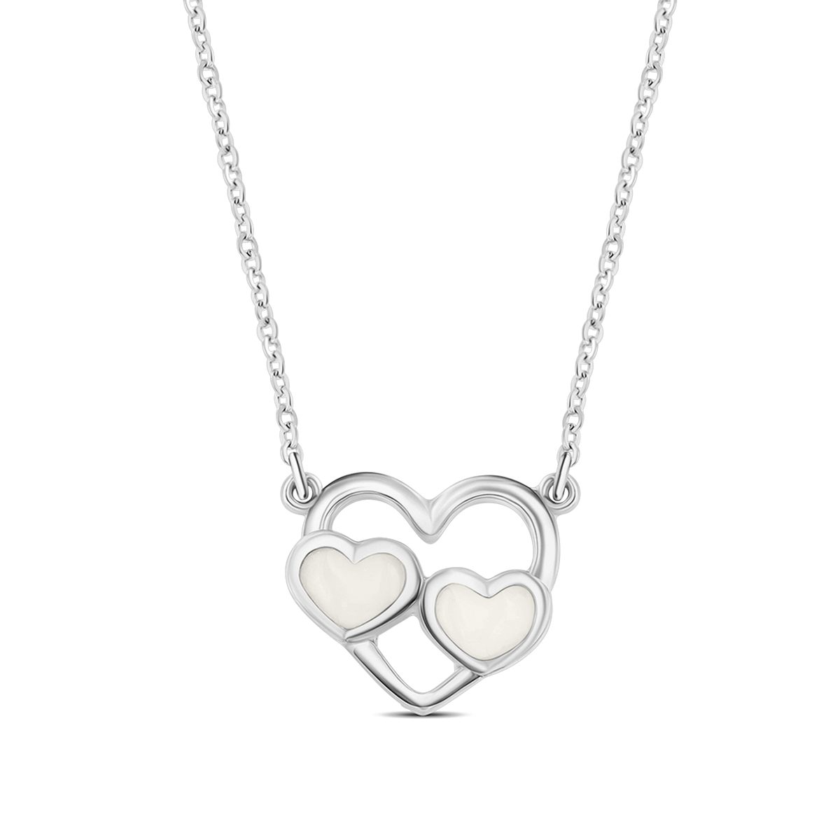 Trinity necklace in white gold: an open heart outline with two small breast milk stone hearts
