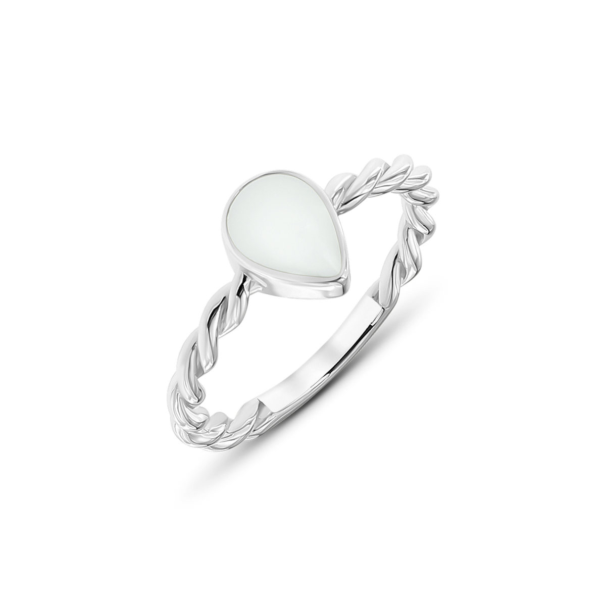 Turning Droplet breast milk ring in silver with an upright pear-shaped stone on a twisted band