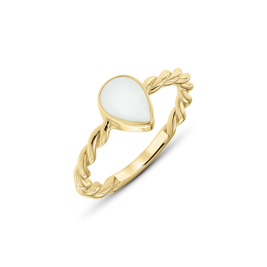 Turning Droplet breast milk ring in yellow gold with an upright pear-shaped stone on a twisted band
